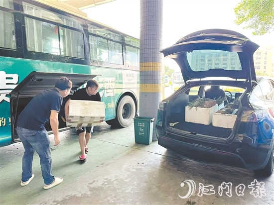 公交車司機(jī)及時(shí)將農(nóng)產(chǎn)品運(yùn)送至鶴山汽車總站，交由鶴山市供銷社工作人員分撥至合作商超與社區(qū)自提點(diǎn)等。