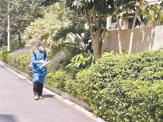 江門市江華小學(xué)對(duì)校園內(nèi)外進(jìn)行蚊蟲(chóng)消殺。